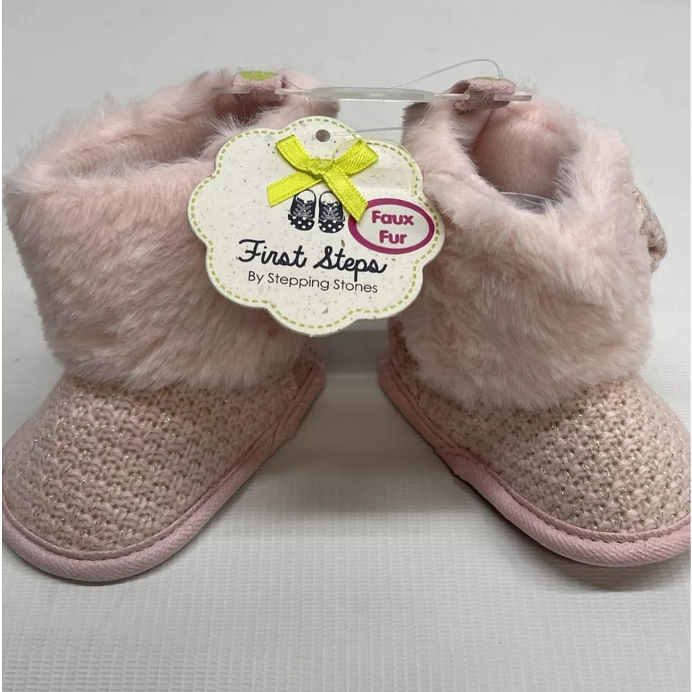 STEPPING STONES FIRST STEPS Pink Faux Fur Bow BOOTS BABY TODDLER SIZE 2 NEW